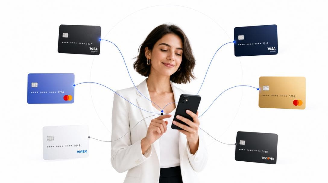 A woman using Card Hub on her phone while lines connect to several credit cards.